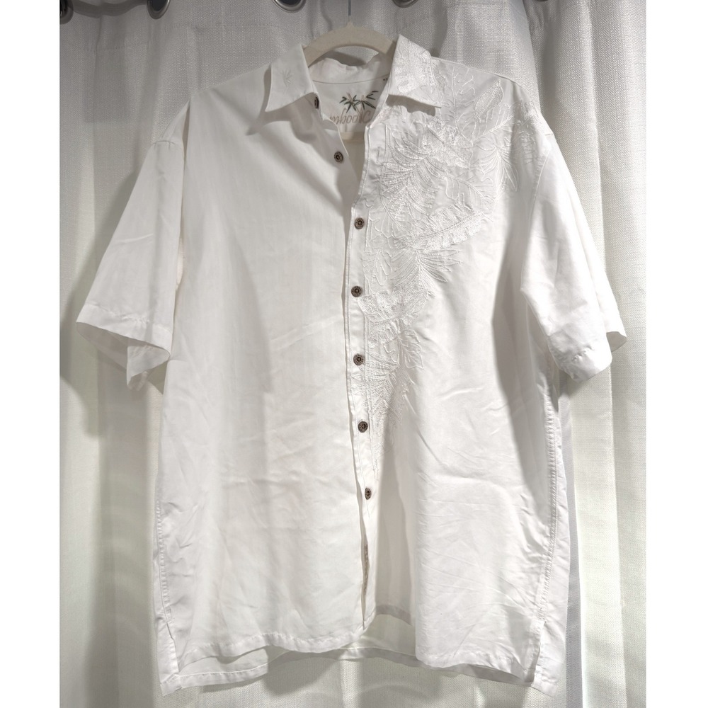 Bamboo Cay Mens White‎ Embroidered Short Sleeve Button Up Camp Shirt Small